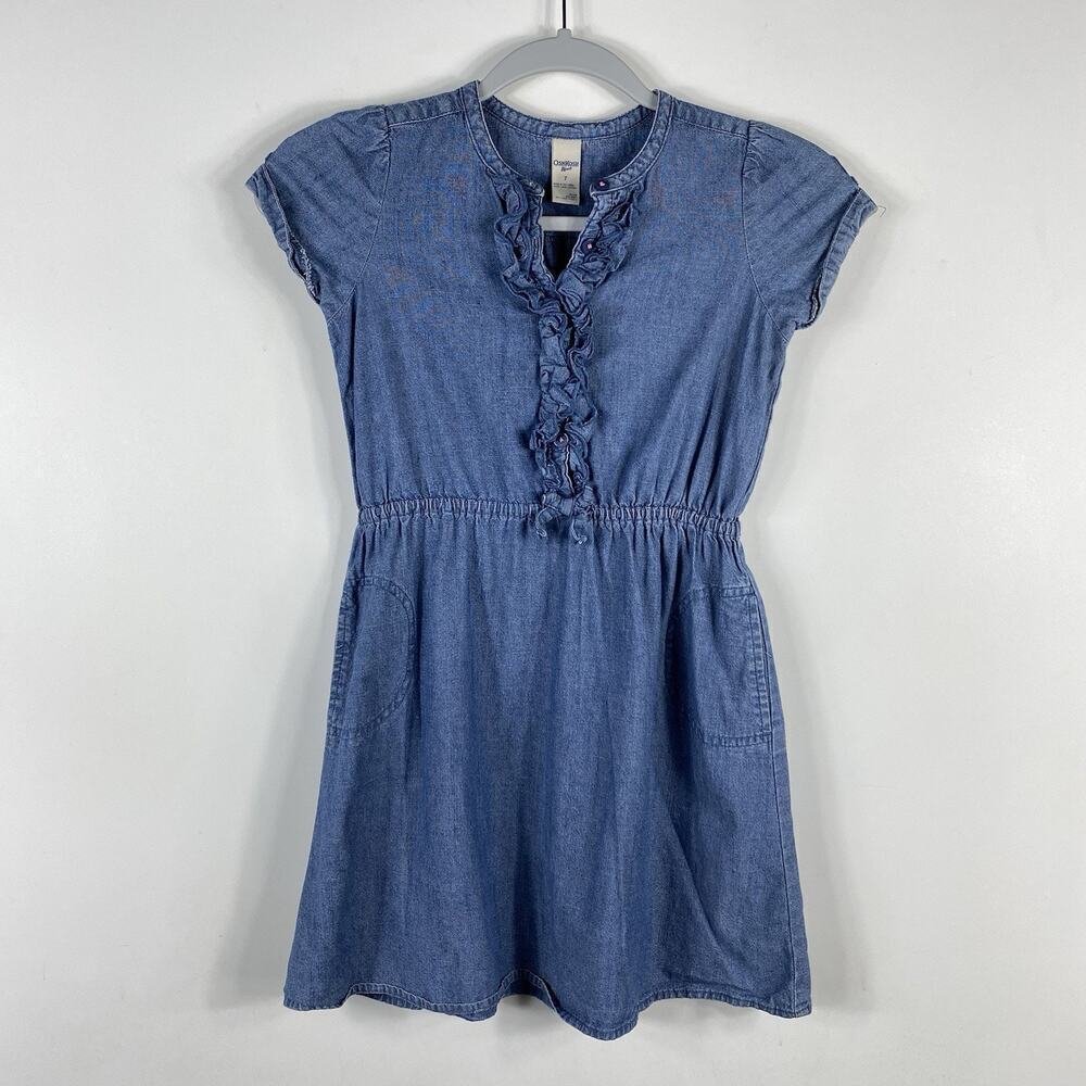 OshKosh B'Gosh Girls Size 7 Ruffle Detail Denim Dress Blue 100% Cotton